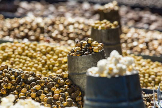 Selection of nuts on the local market in Kathmandu.