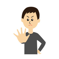 A young man holding his hand in front to show stop gesture