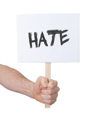 Hand holding sign, isolated on white