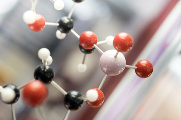 Molecular, DNA and atom model in science research lab