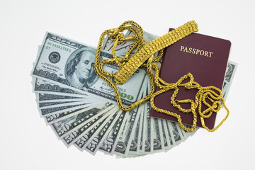 Banknotes and passport on white background
