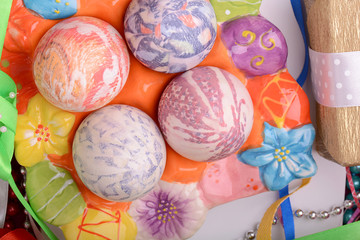 Easter background with eggs and gift box