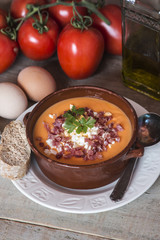 Tomato salmorejo soup in a bowl, spanish food
