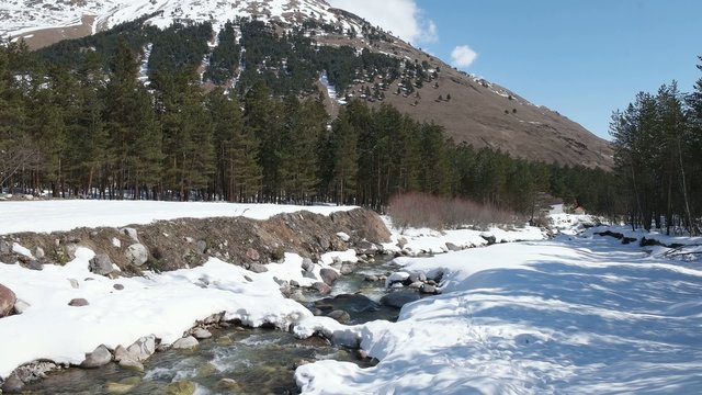 River near Elbrus mount 4k video with sound