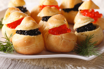 Delicious profiteroles stuffed with red and black caviar