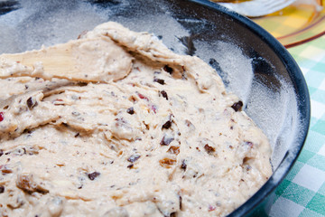 Sweet dough into the pan (closeup)