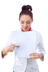 Confident businesswoman holding blank whiteboard sign. All