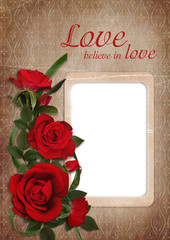 Vintage shabby background with red roses and frame