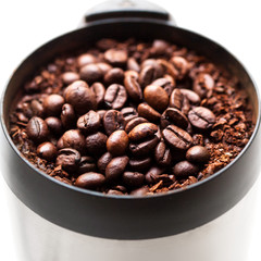 Coffee grinder with coffee beans isolated