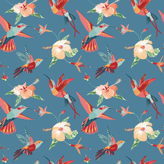 Hummingbird and Tropical Background - Retro seamless pattern