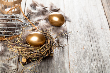 Fototapeta na wymiar golden egg in nest, on wooden background