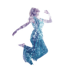 Double exposure of woman jumping with leaves
