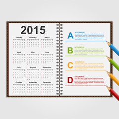 Infographics template. Open notebook with calendar and schedule.