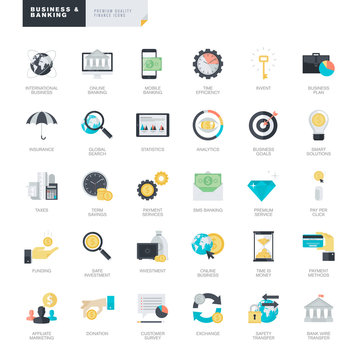 Set of modern flat design business and banking icons