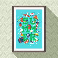 Summer vacation lettering poster design with picture frame