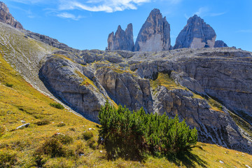 Scenery of Tre Cime National Park in Dolomites Mountains, Italy