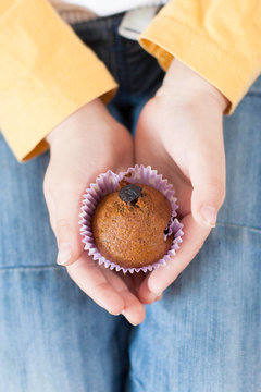 Chocolate muffins with raisins in the hands of a child