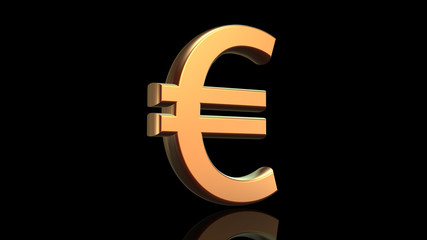 Euro sign in gold isolated on black background