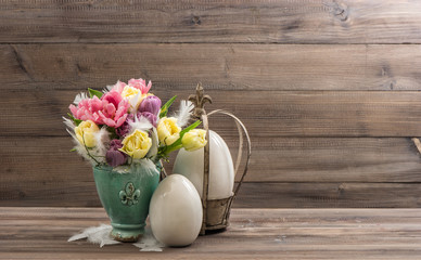 Spring tulip flowers and vintage easter eggs decoration