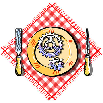 Plate with file hand tools with wooden handle around gears wheel