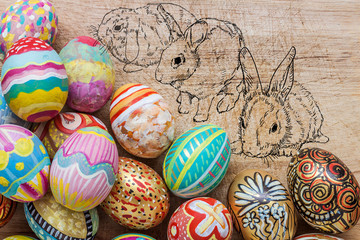 Set of colorful easter egg with drawing of rabbit
