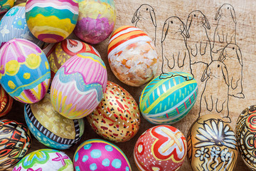 Fototapeta na wymiar Set of colorful easter egg with drawing of rabbit