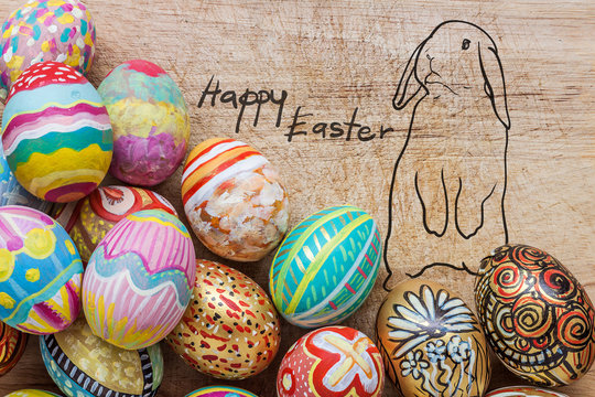 Set of colorful easter egg with drawing of rabbit