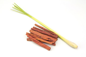 Cinnamon and Lemongrass isolated on white background