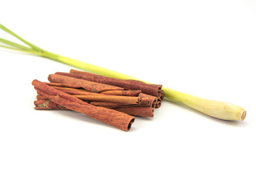 Cinnamon and Lemongrass isolated on white background