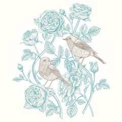 Card with roses and birds.