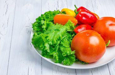 Mixed fresh vegetables on the white plate