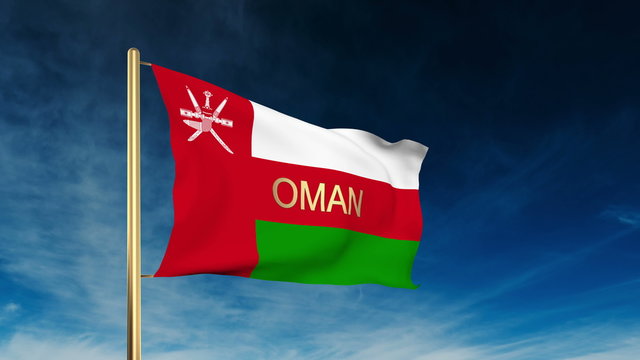 Oman flag slider style with title. Waving in the wind with cloud