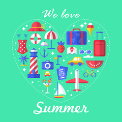 Summer love poster design with flat modern icons