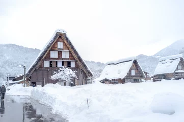 Fotobehang Snowy view, Takayama, Japan in winter season. © thisisdraft
