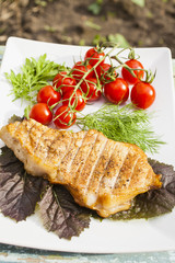 piece of meat a grill and tomatoes on a branch