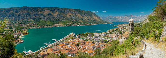 view of kotor bay on sunny day, Kotor, Montenegro - obrazy, fototapety, plakaty