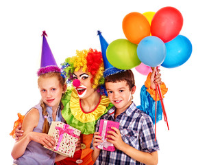Birthday party group of teen with clown.