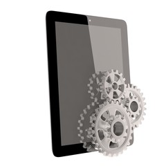 tablet pc and gears on white isolated background.