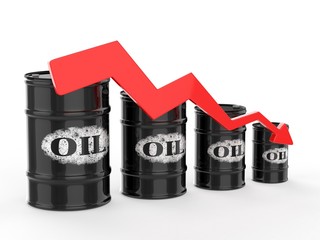 Oil Barrels with Red Arrow down. Financial crisis