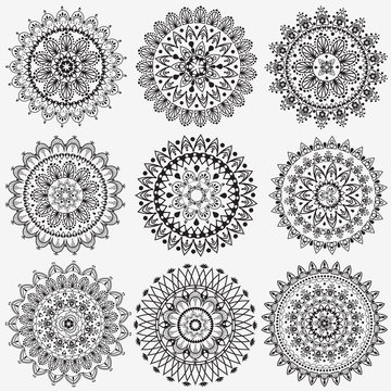 Black and white collection round circle lace pattern mandala.