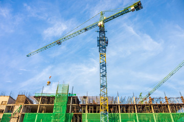 Building construction industrial with construction tower cranes
