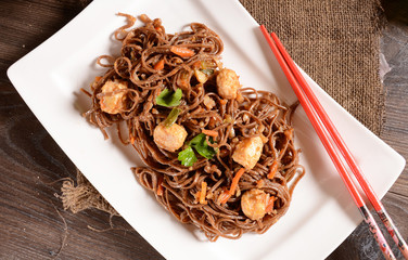 Japan saba noodles with chicken and vegetables
