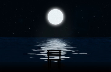 The moon, moonlit path and silhouette of chair