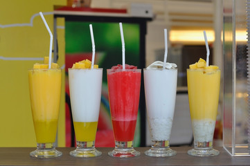 Various of smoothie beverage on table.