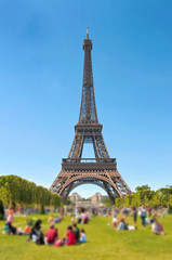 Obraz premium People relaxing on the Champ de Mars, Eiffel tower, Paris,