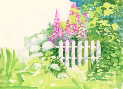 Watercolor Rural wooden fence in the garden
