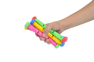 Man hand holding many diving sticks isolated on white background