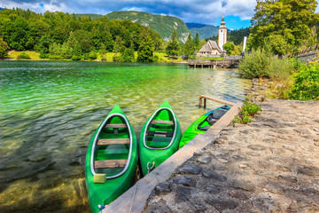 Wonderful alpine lake and colorful boats,Lake Bohinj,Slovenia