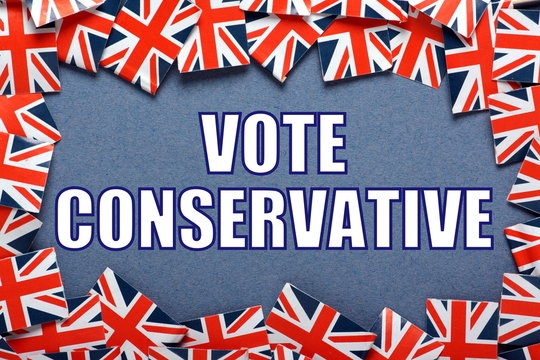Vote Conservative Election reminder with union jack flags