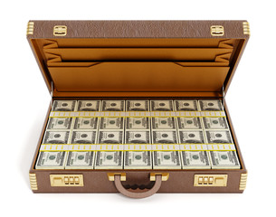 Open vintage briefcase full of money - obrazy, fototapety, plakaty